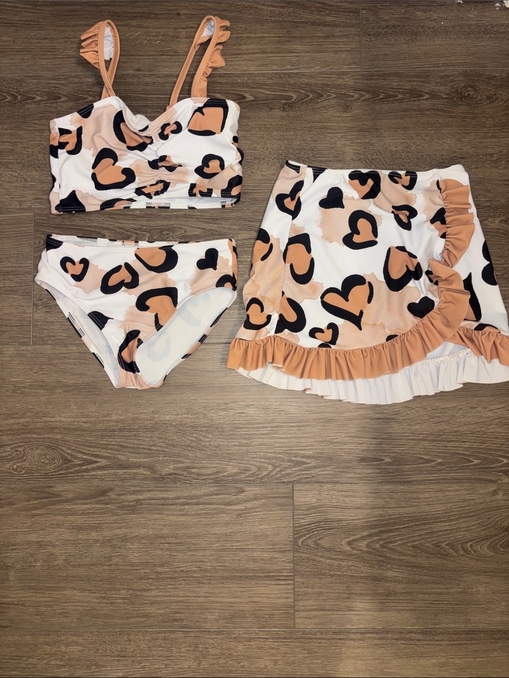 Tan & Black Heart Cheetah Print Bikini with Ruffle Skirt